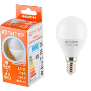 Лампа светодиодная G45 ШАР 6 Вт 170-240В E14 4000К ЮПИТЕР